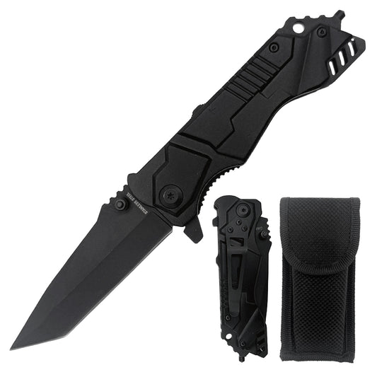 Black metal rescue folding knife with assist-open mechanism and sheath, designed for tactical use by Rex Distributor, Inc.