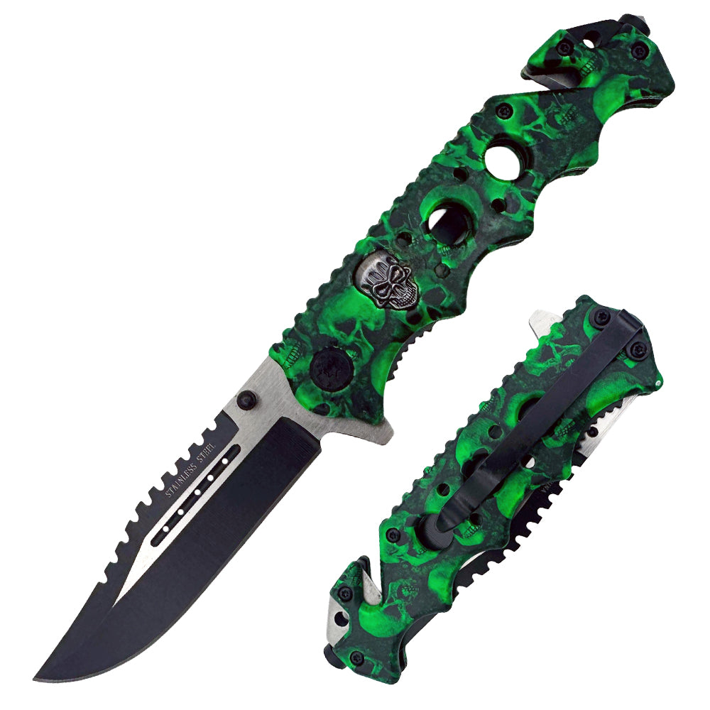 Green skulls metal handle tactical folding knife with assist-open mechanism and belt clip, ideal for outdoor and tactical use.