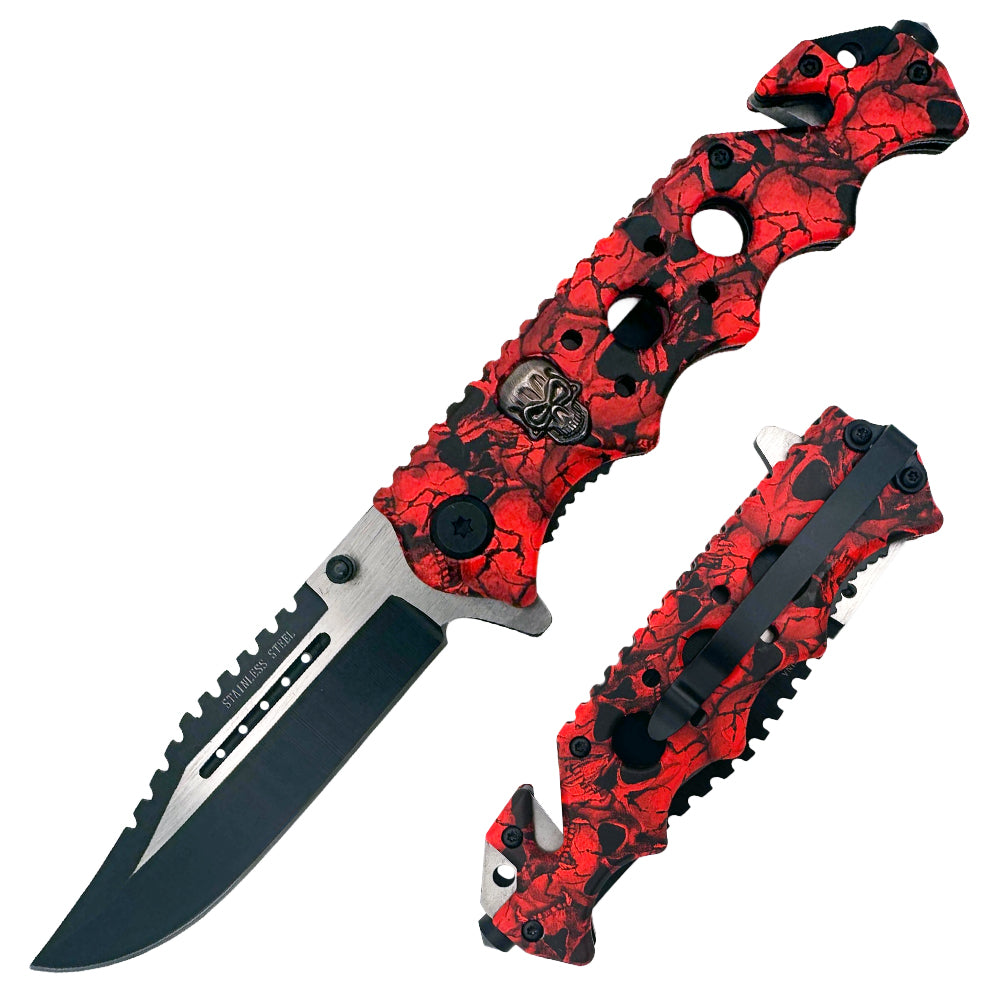 Red Skulls metal handle tactical folding knife with spring-assisted open and belt clip, designed for easy carry and quick deployment.