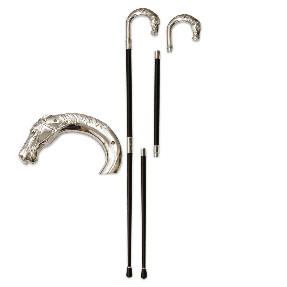 Silver horse head walking cane staff with rubber foot, KN 1559-HR by Rex Distributor, Inc.