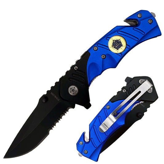 Blue and black metal rescue assist folding knife by Rex Distributor, Inc., with open spring-assisted tactical design.