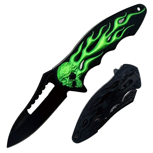 Green flaming skull design on Rex Distributor spring assisted tactical folding knife with belt clip, 4.25-inch blade.