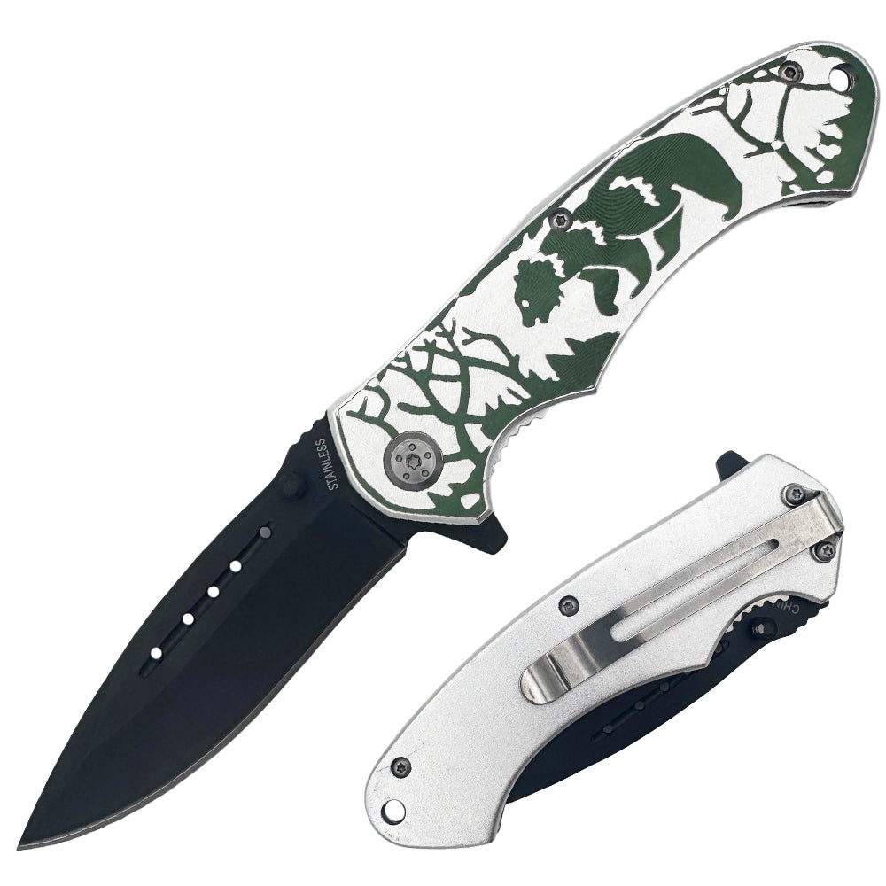 KN 1639-BE 4.5" Silver & Green Wildlife Bear Assis-Open Folding Knife with Belt Clip