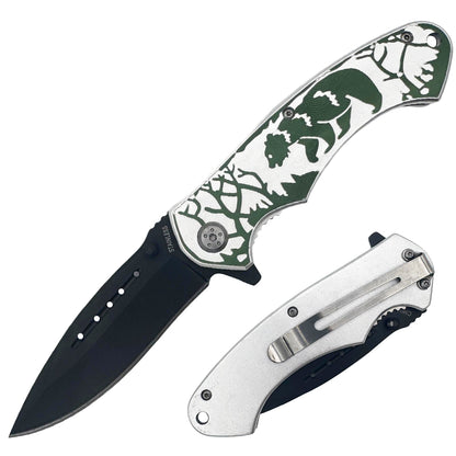 KN 1639-BE 4.5" Silver & Green Wildlife Bear Assis-Open Folding Knife with Belt Clip