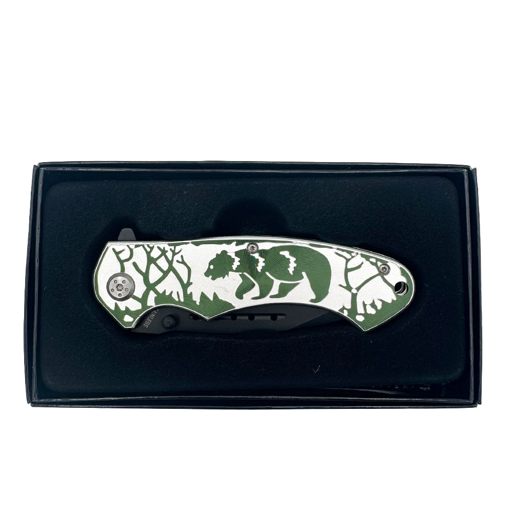 KN 1639-BE 4.5" Silver & Green Wildlife Bear Assis-Open Folding Knife with Belt Clip