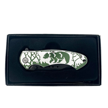 KN 1639-BE 4.5" Silver & Green Wildlife Bear Assis-Open Folding Knife with Belt Clip