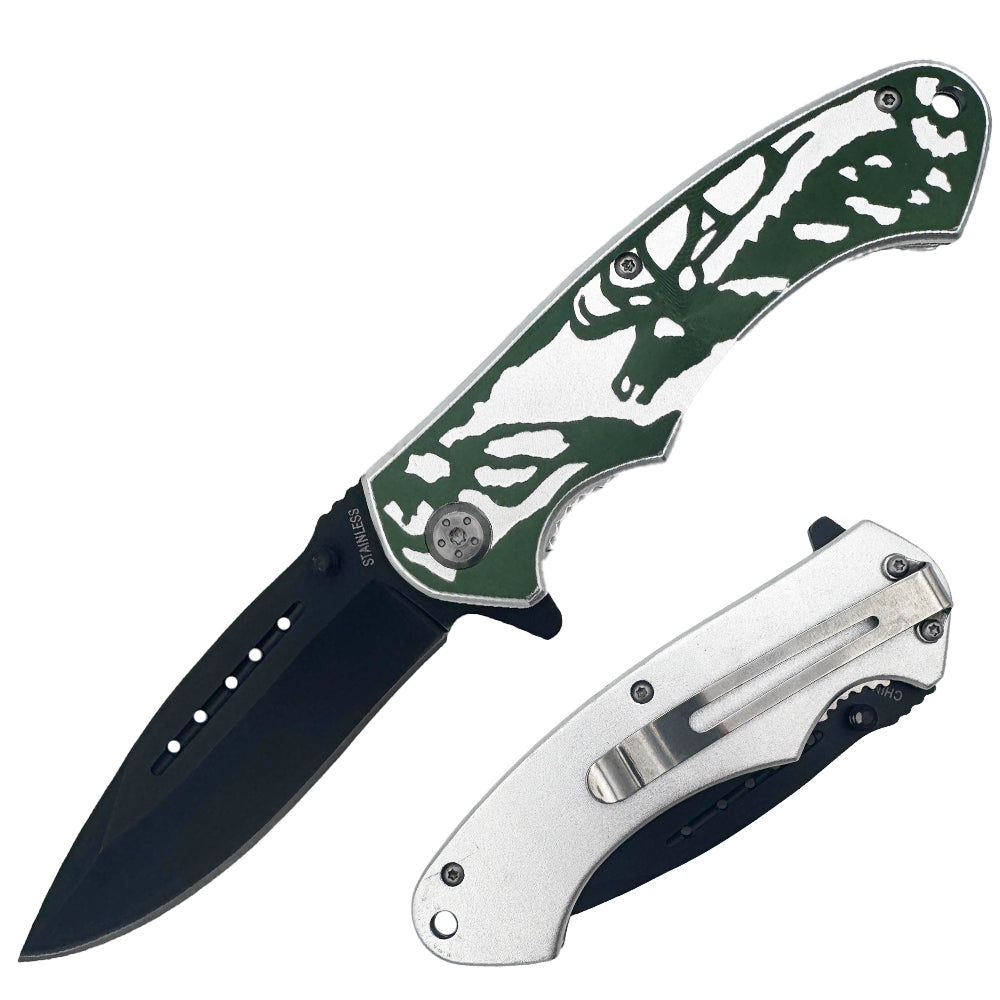 KN 1639-DR 4.5" Silver & Green Wildlife Deer Assis-Open Folding Knife with Belt Clip