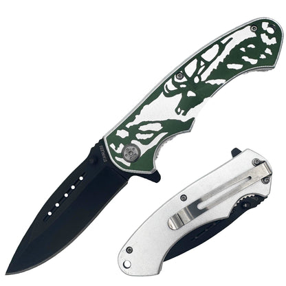 KN 1639-DR 4.5" Silver & Green Wildlife Deer Assis-Open Folding Knife with Belt Clip