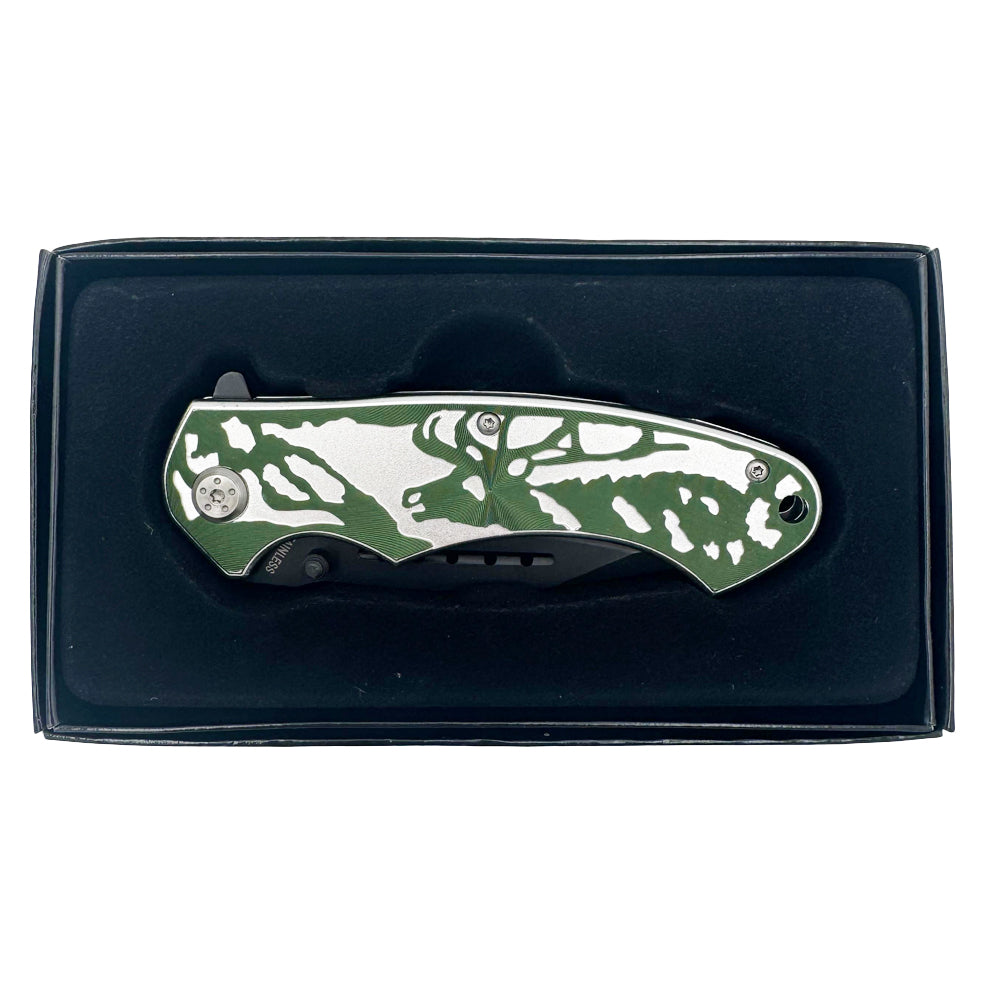 KN 1639-DR 4.5" Silver & Green Wildlife Deer Assis-Open Folding Knife with Belt Clip