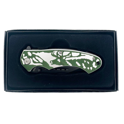 KN 1639-DR 4.5" Silver & Green Wildlife Deer Assis-Open Folding Knife with Belt Clip