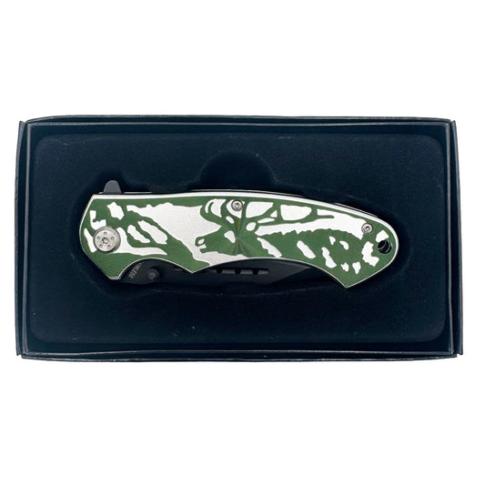 Silver and green wildlife deer assisted folding knife with belt clip, spring assisted tactical knife by Rex Distributor Inc.