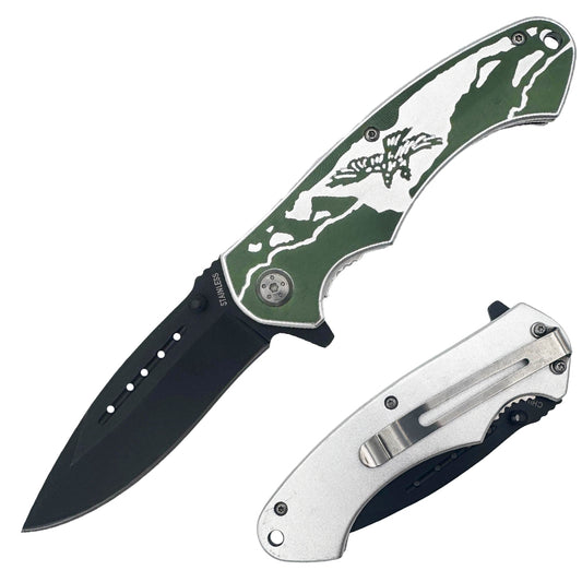 Silver and green Rex Distributor tactical folding knife with eagle design, spring-assisted open, belt clip, 4.5-inch blade.