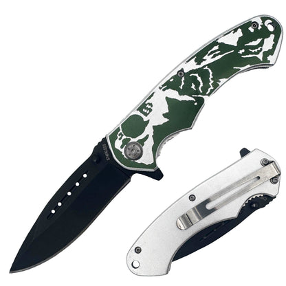 KN 1639-WO 4.5" Silver & Green Wildlife Wolf Assis-Open Folding Knife with Belt Clip