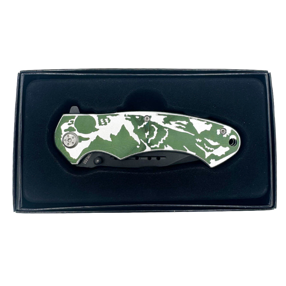 KN 1639-WO 4.5" Silver & Green Wildlife Wolf Assis-Open Folding Knife with Belt Clip