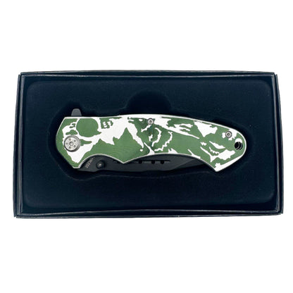 KN 1639-WO 4.5" Silver & Green Wildlife Wolf Assis-Open Folding Knife with Belt Clip