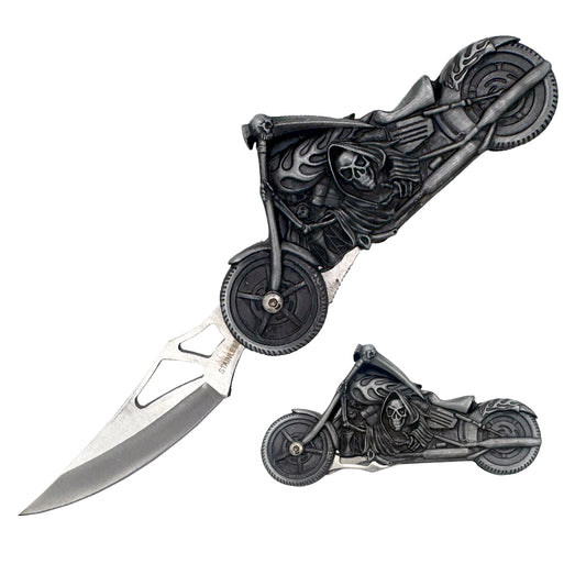 Heavy metal skeleton motorcycle display folding knife with manual opening, featuring a rugged design and metal construction by Rex Distributor.