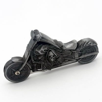 Heavy metal skeleton motorcycle display folding knife by Rex Distributor, Inc., featuring a 4.75-inch manual folding blade.