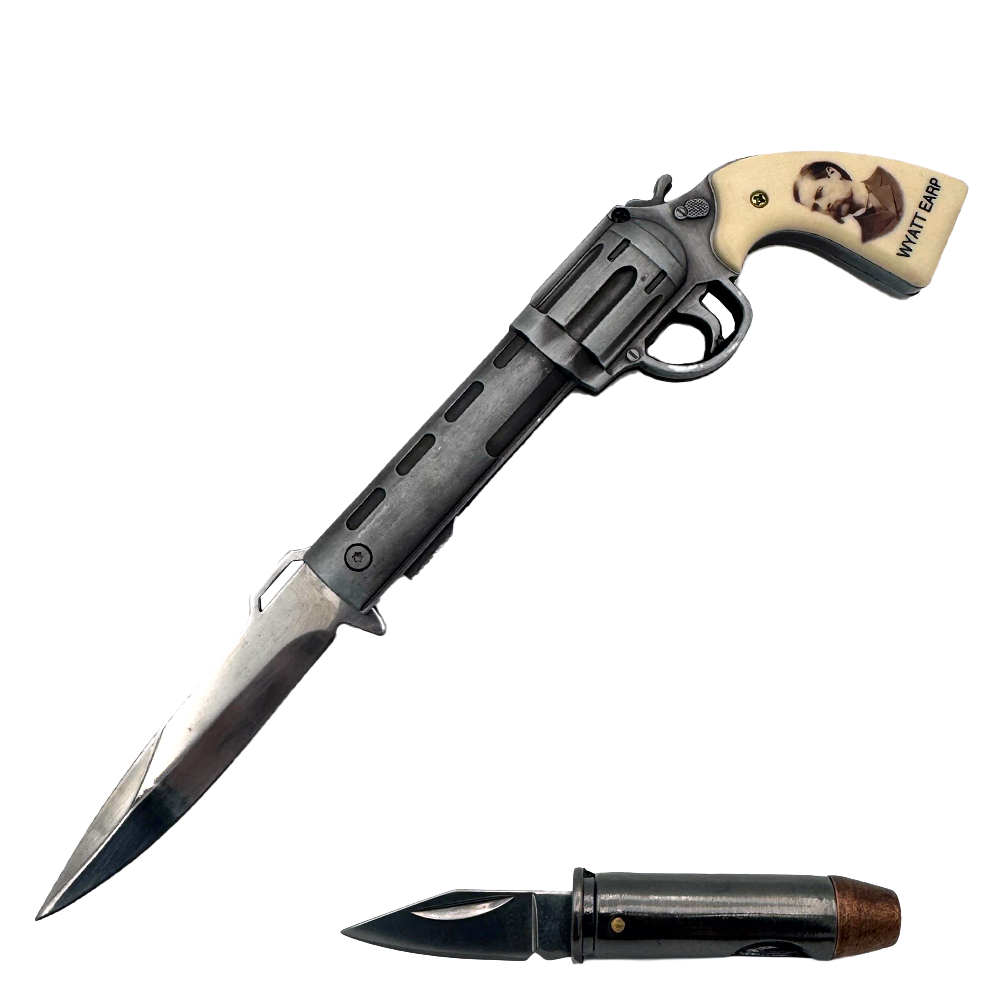 KN 1654-WE 7" Wyatt Earp Revolver-Style Assist-Open Folding Knife with Mini Bullet Knife
