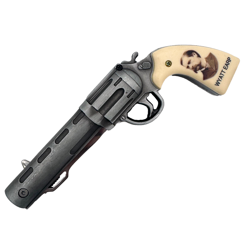 KN 1654-WE 7" Wyatt Earp Revolver-Style Assist-Open Folding Knife with Mini Bullet Knife
