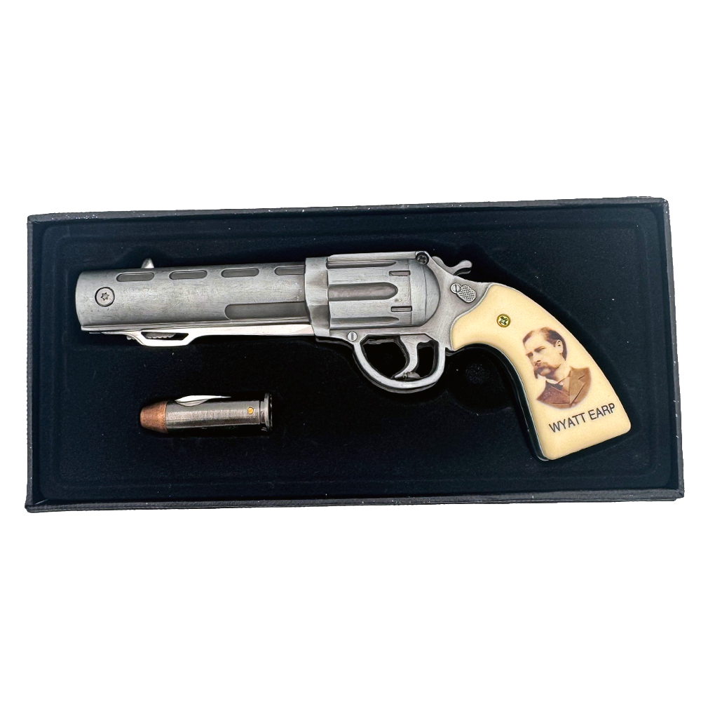 KN 1654-WE 7" Wyatt Earp Revolver-Style Assist-Open Folding Knife with Mini Bullet Knife