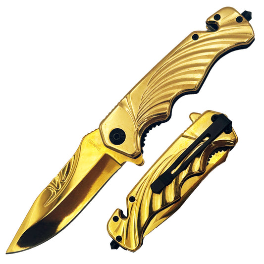 Rex Distributor KN 1327-D 4.5-inch gold heavy metal rescue assist open folding tactical knife with belt clip