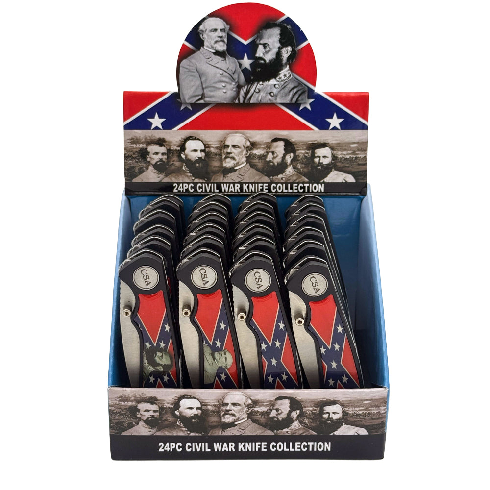 Civil War knife display set with 24 collectible 3-inch knives from Rex Distributor, Inc., arranged for showcasing.
