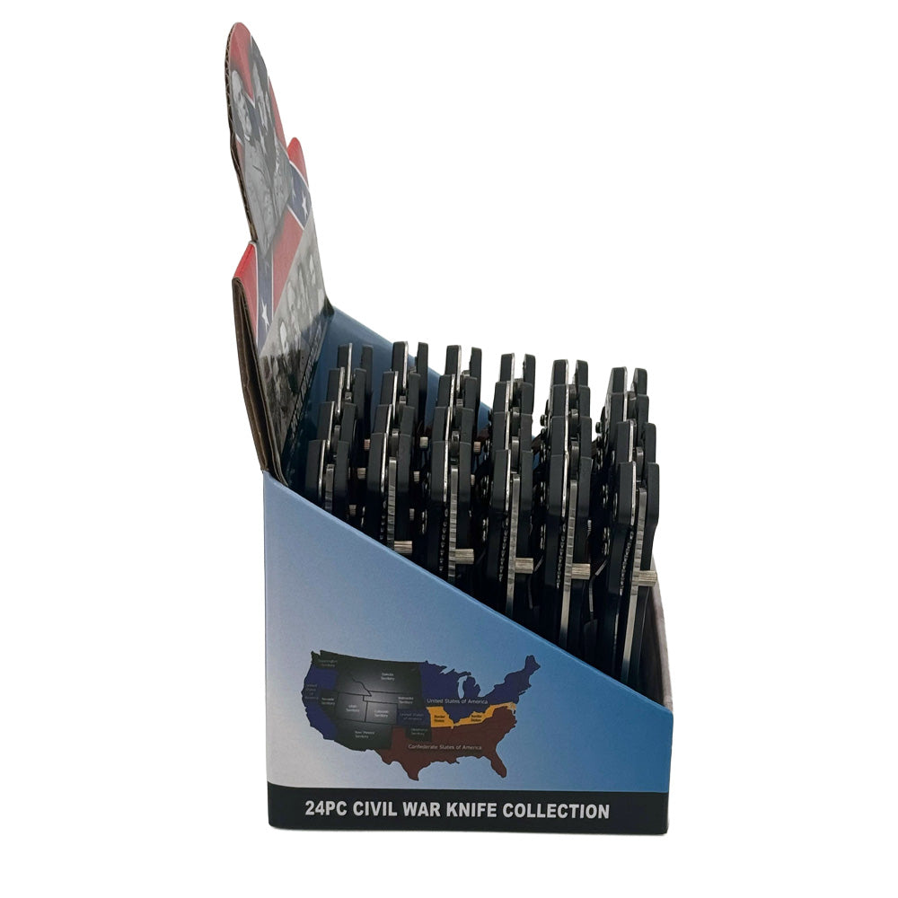 Civil War knife display set with 24 replica knives, each approximately 3 inches long, arranged in a wooden display case.