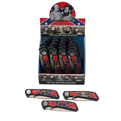 Civil War knife display set with 24 Rex Distributor, Inc. 3-inch miniature knives arranged in a showcase.