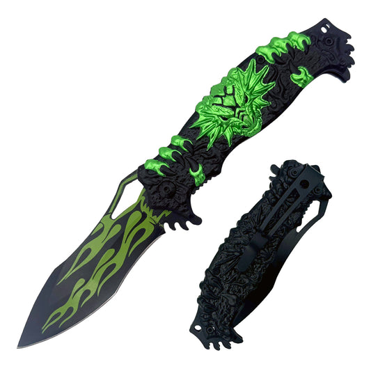 Green 4.5-inch Rex Distributor spring-assisted folding tactical knife with 3D dragon handle and belt clip.