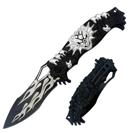 Silver 3D dragon handle tactical folding knife with assist-open mechanism and belt clip by Rex Distributor, Inc.