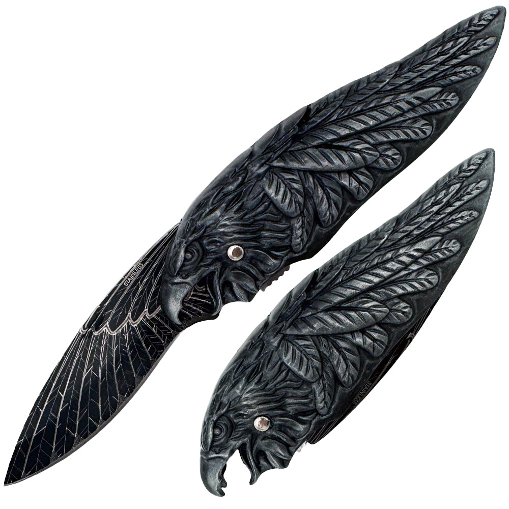 Rex Distributor Inc. KN 1765 4-inch heavy metal eagle folding knife with a partially open blade and textured handle.
