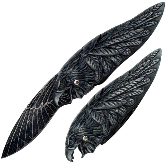 Rex Distributor Inc. KN 1765 4-inch heavy metal eagle folding knife with a partially open blade and textured handle.