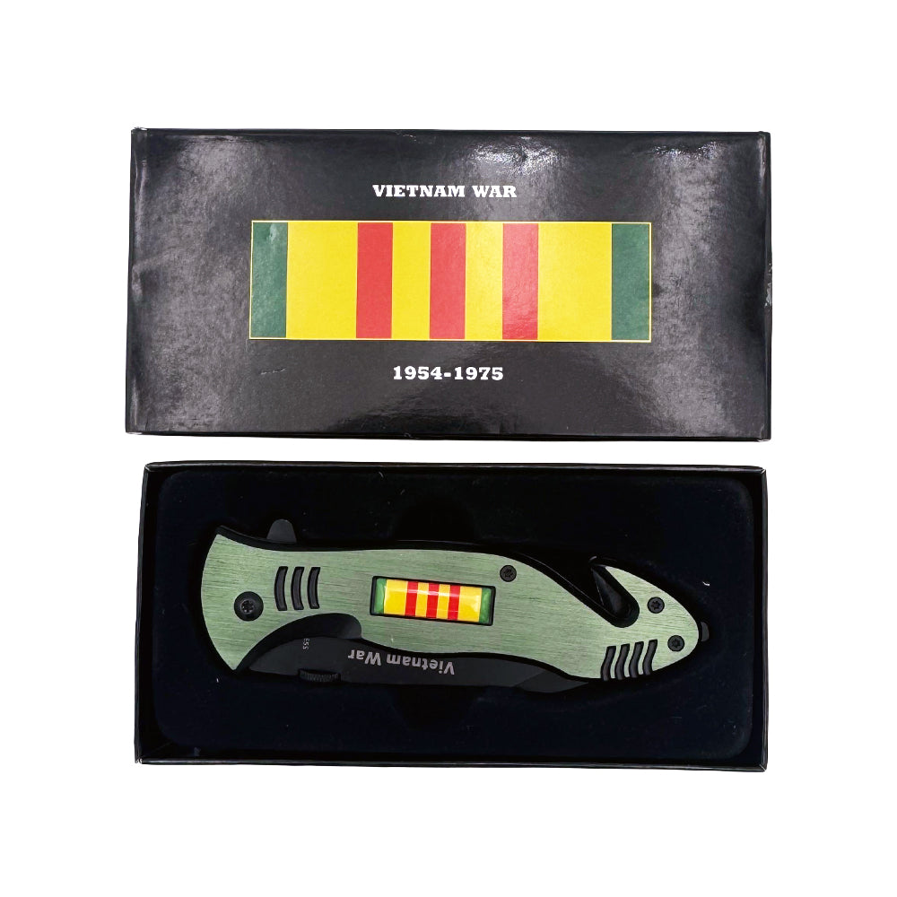 Spring assisted tactical knife with open folding blade, Vietnam Memorial Rescue Assist design, by Rex Distributor, Inc.
