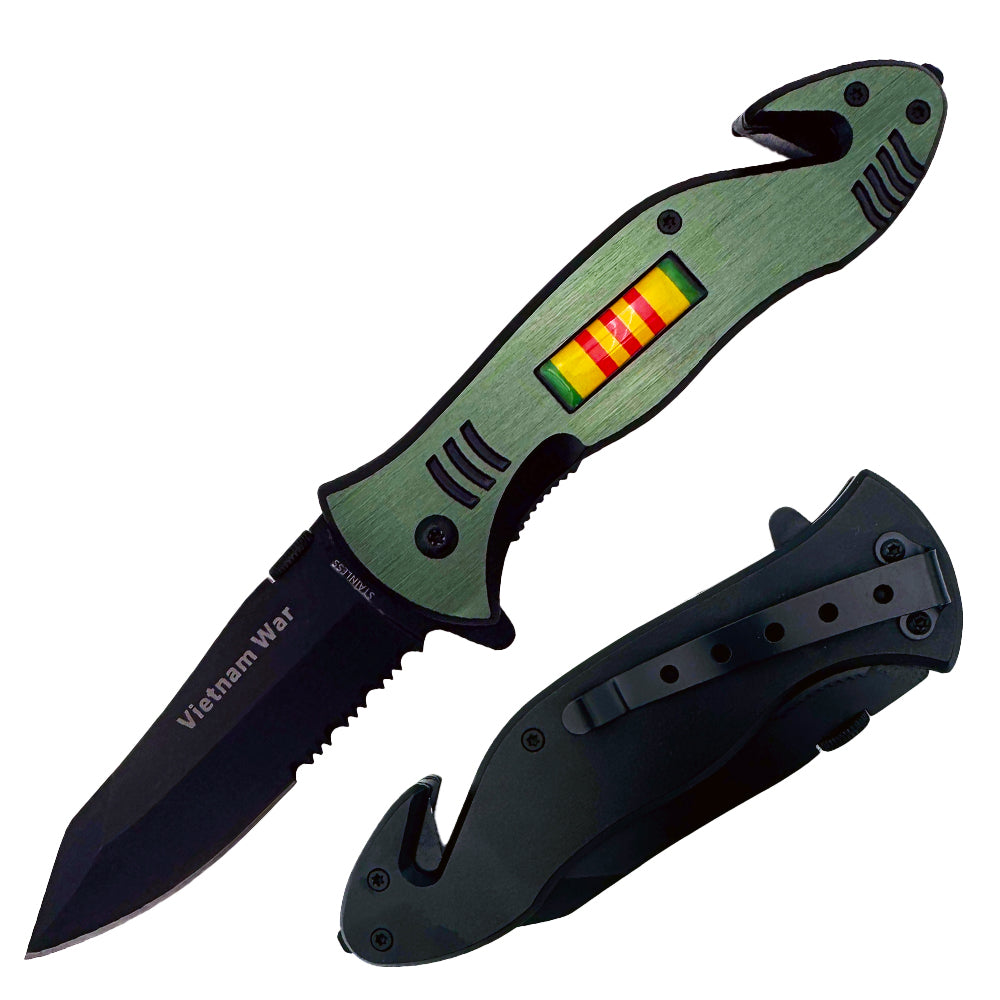 Spring assisted tactical knife with open folding design, Vietnam Memorial Rescue Assist, 4.5-inch blade by Rex Distributor, Inc.