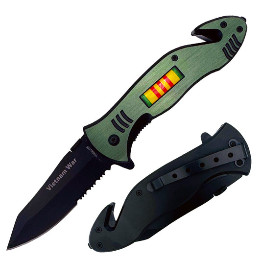 Spring assisted tactical knife with open folding design, Vietnam Memorial Rescue Assist, 4.5-inch blade by Rex Distributor, Inc.