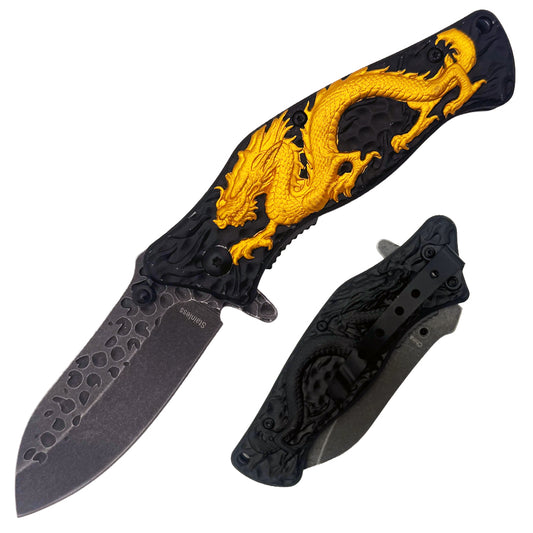 Gold 3D dragon handle folding knife with assist-open mechanism and belt clip, tactical spring-assisted knife by Rex Distributor.