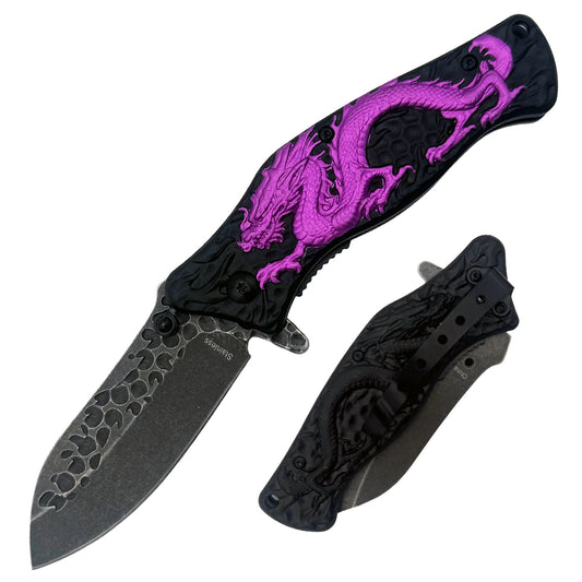 Purple 3D dragon handle Rex Distributor spring assisted tactical folding knife with belt clip, 4.5-inch blade.