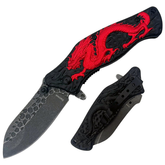 Red 3D dragon handle folding knife with belt clip, spring assisted tactical knife by Rex Distributor, Inc.
