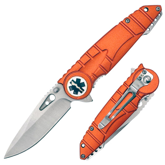 Orange EMS rescue folding knife with belt clip, spring assisted tactical knife by Rex Distributor, Inc.