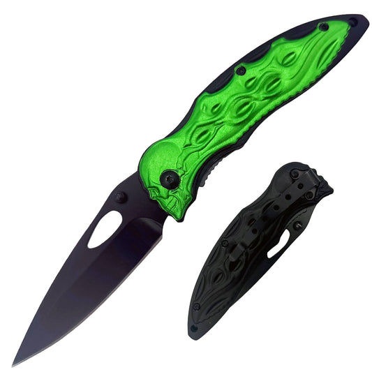 Green 4.5-inch 3D skull assist-open folding tactical knife with belt clip by Rex Distributor, Inc.