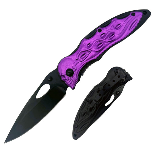 Purple Rex Distributor 4.5-inch 3D skull assist-open folding tactical knife with belt clip, spring-assisted design.