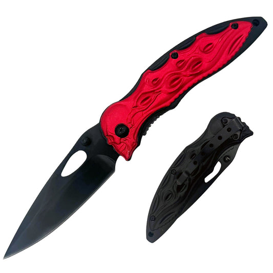 Red 4.5-inch 3D skull assist-open folding knife with belt clip, spring-assisted tactical knife by Rex Distributor, Inc.