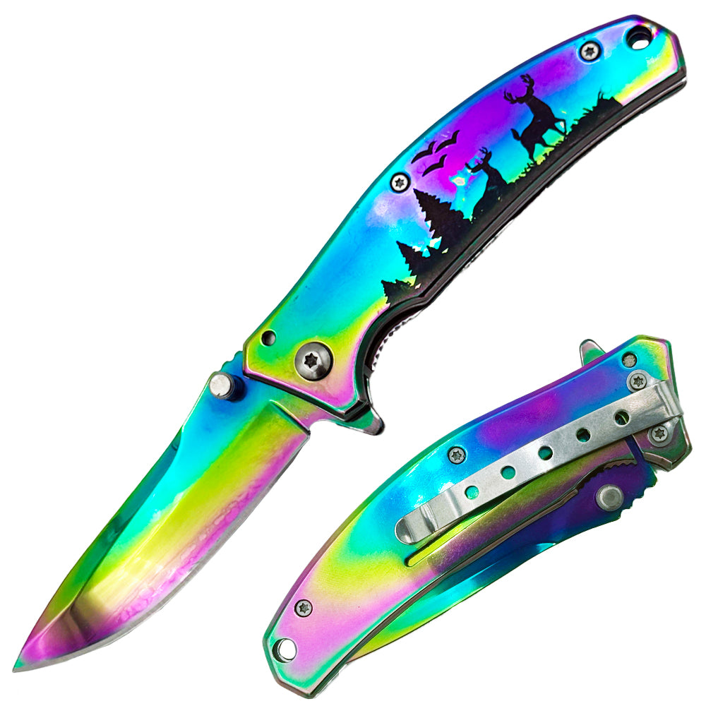 Rex Distributor Rainbow Titanium Deer Wildlife Assist-Open Folding Knife with belt clip, 4.5-inch spring assisted tactical knife.