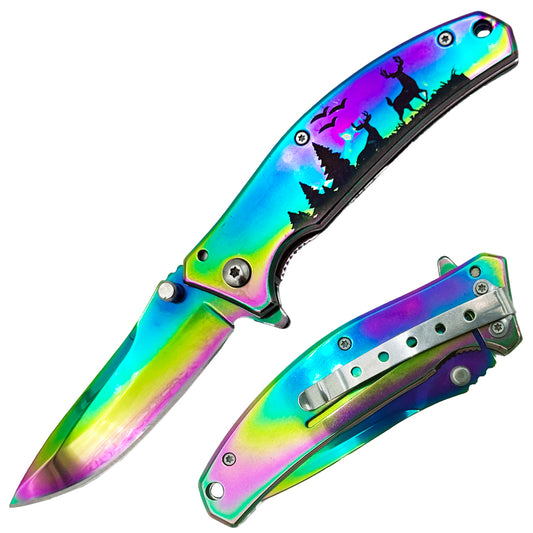 Rex Distributor Rainbow Titanium Deer Wildlife Assist-Open Folding Knife with belt clip, 4.5-inch spring assisted tactical knife.