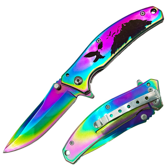 Rainbow titanium folding knife with eagle design, spring-assisted open, tactical style, featuring a belt clip from Rex Distributor.