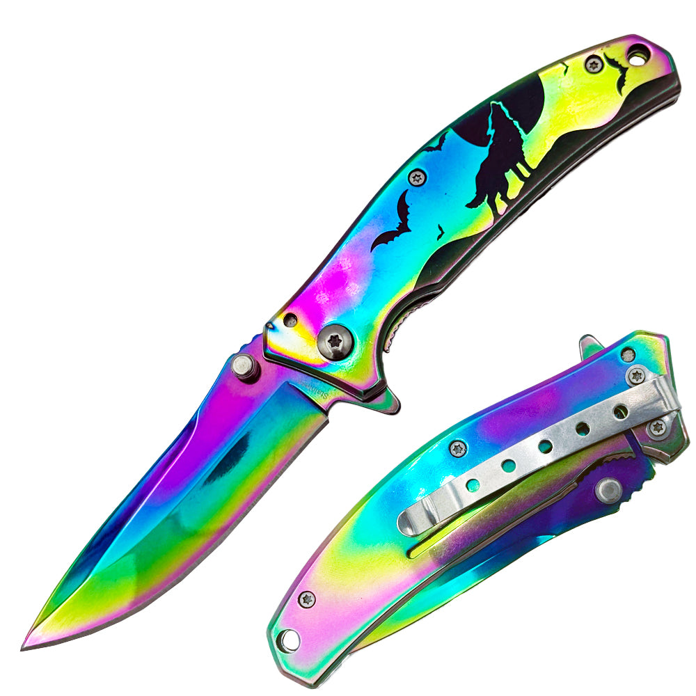 KN 1853-W 4.5" Rainbow Titanium Wolf Wildlife Assist-Open Folding Knife with Belt Clip
