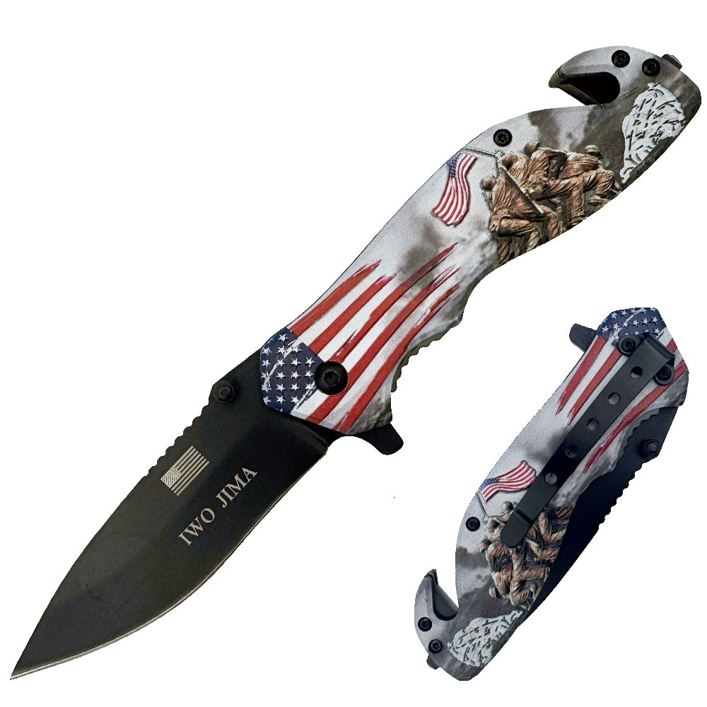 Spring assisted tactical knife with Iwo Jima battle design, featuring a 4.5-inch blade and sturdy foldable construction by Rex Distributor.