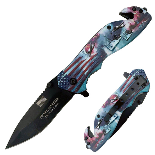 Rex Distributor KN 1857 Pearl Harbor 3D Rescue folding knife with spring-assisted mechanism and tactical design.