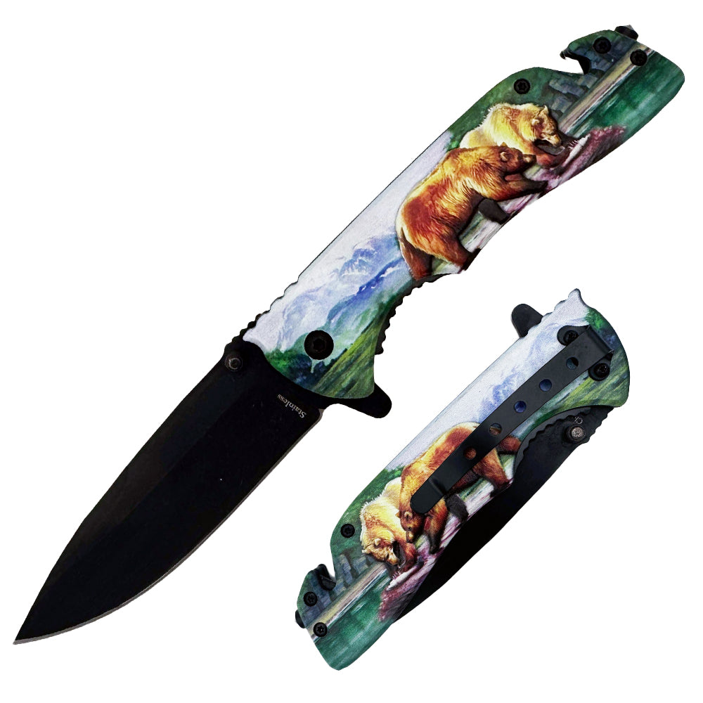 Rex Distributor KN 1858-B 4.5-inch Bear Wildlife 3D Rescue Assist folding tactical knife with belt clip, spring-assisted opening.