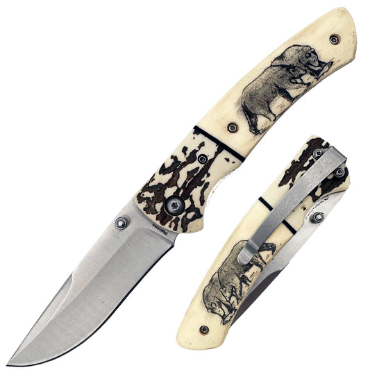 Rex Distributor, Inc. KN 1859-B 4.25-inch Sketch Wildlife Bear folding knife with belt clip, displayed in a set.